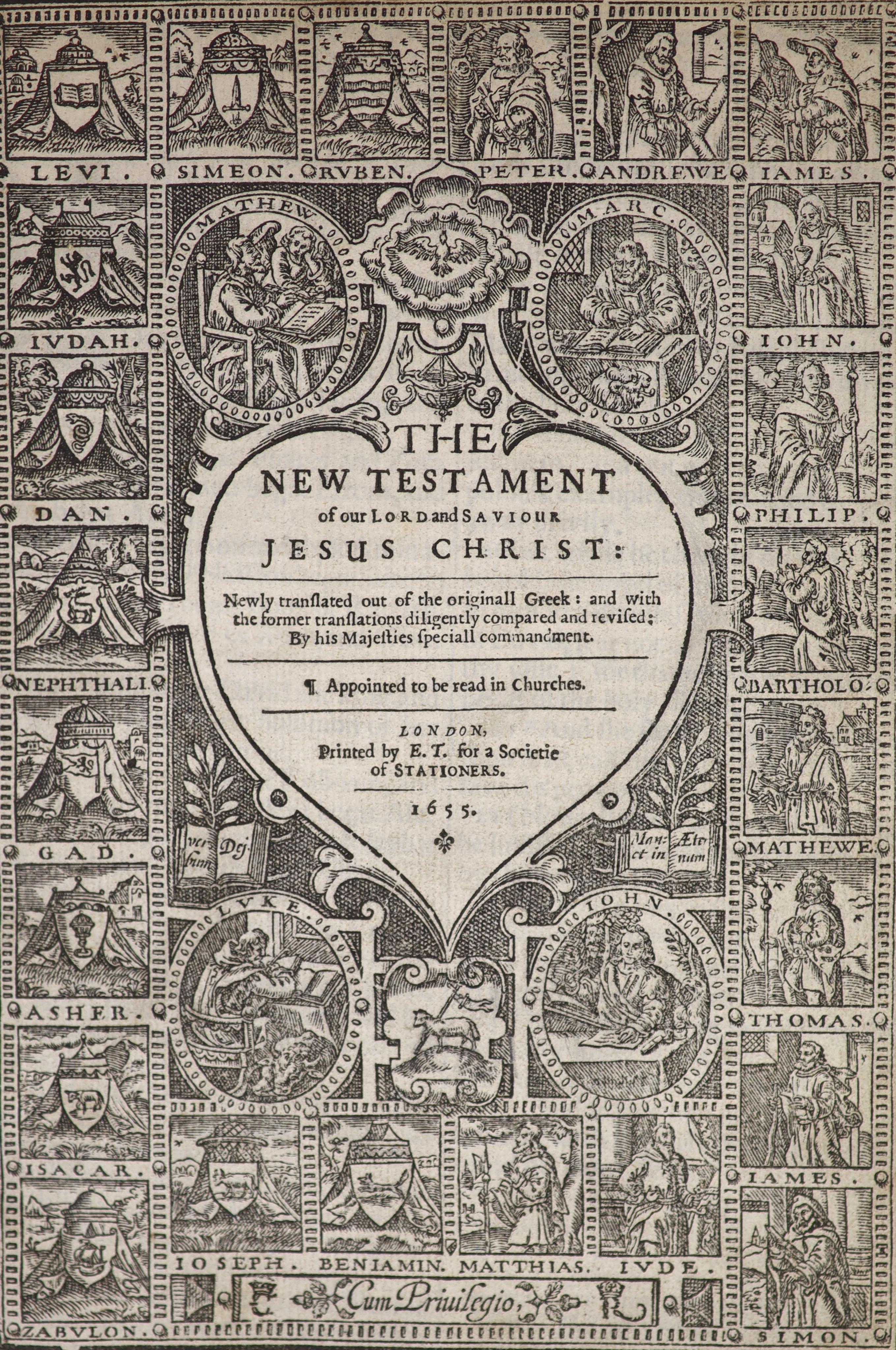 The Bible in English - The New Testament, 4to, Victorian carved oak binding, printed by E.T. [Evan Tyler] for a Societie of Stationers, London, 1655
